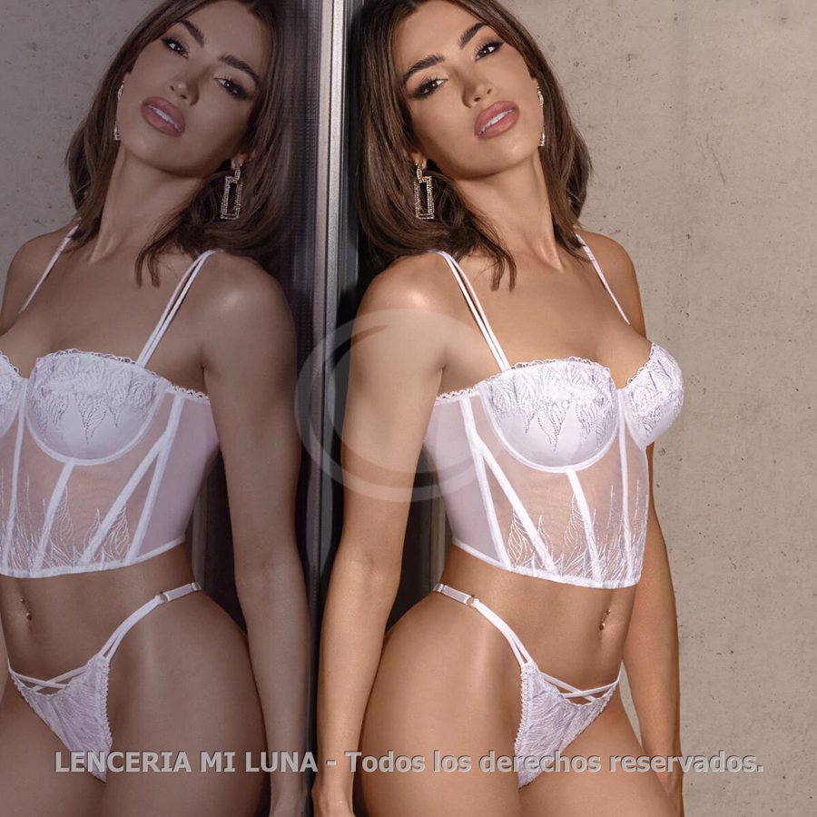 SIGRY CONJUNTO DE TUL BORDADO. BUSTIER CON ARCO. TANGALESS REGULABLE