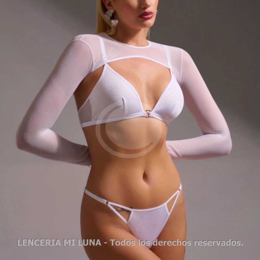 MK 5747 - CONJUNTO EN TRICOT GAFRADO Y TUL, BRALETTE Y TANGA LESS CON RECORTES
